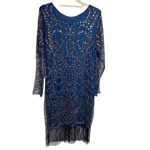 Unique Vintage Stunning Sequined Embroidered Long Sleeve Dress with Fringe 10-12